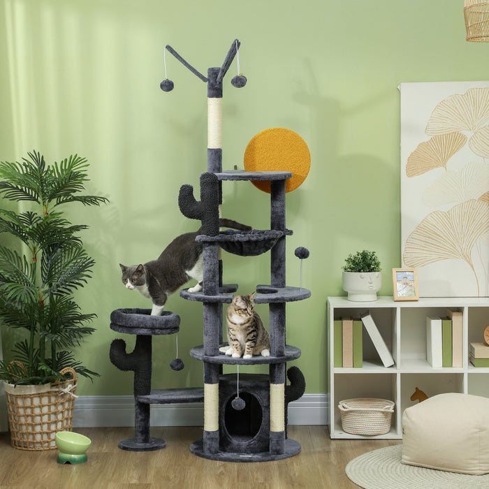 Pawhut Arbre A Chat De 71\" De Haut, Tour A Plusieurs Niveaux Pour Chats Avec Griffoirs, Coussin En Sisal, Lit, Hamac, Plates-formes, Centre D'activite Pour Chat, Gris Fonce