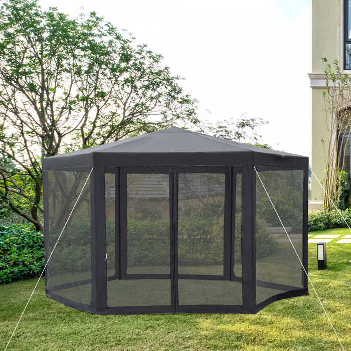 Outsunny O 13' Tonnelle Barnum Hexagonale Tente De Reception Activites Extetieur Rideaux Moustiquaires Zippees Gris Fonce
