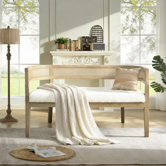 Rattan Causeuse Rembourree en Rotin 47.5 po avec Dossier Tisse Main, Beige, Frene Naturel