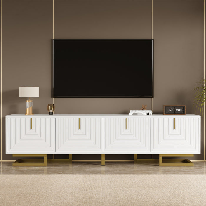 Aspect Meuble TV 63 po avec Portes Texturees et Pieds Dores, Blanc