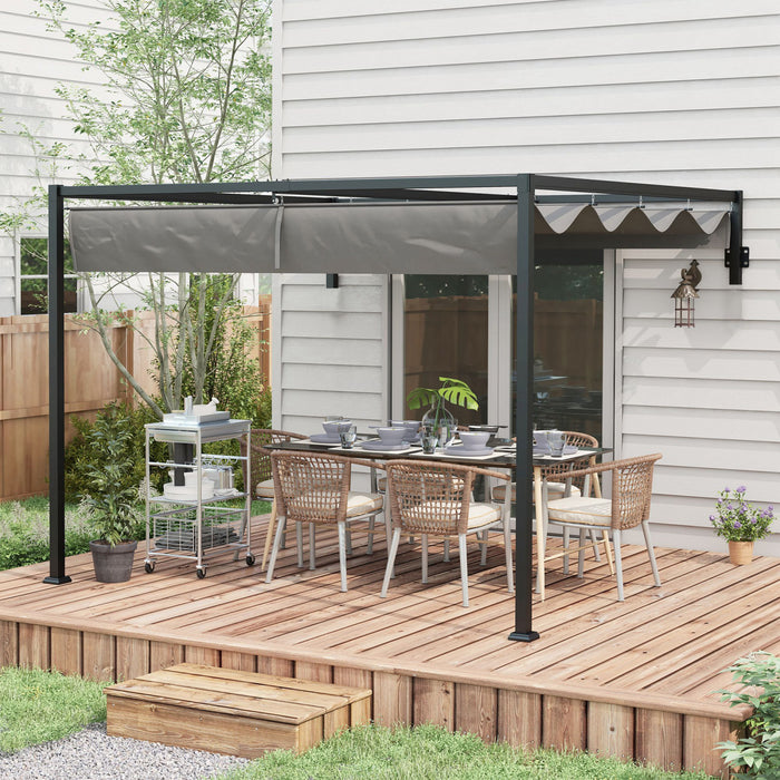 Outsunny Auvent De Pergola Retractable De 10' X 10', Adosse A La Pergola, Pavillon De Jardin Mural, Abri Pare-soleil Exterieur Pour Grill, Patio, Terrasse