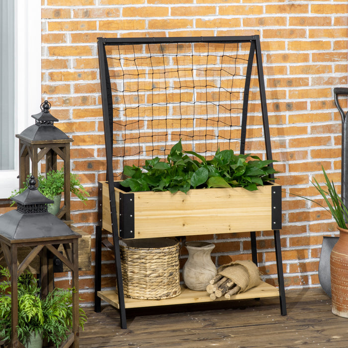 Outsunny Lit De Jardin Potager De Terrasse Lits De Jardin Sureleves D'exterieur Avec Grille D'escalade Et Etagere De Rangement Inferieure, Jardiniere Surelevee Avec Pieds Naturel