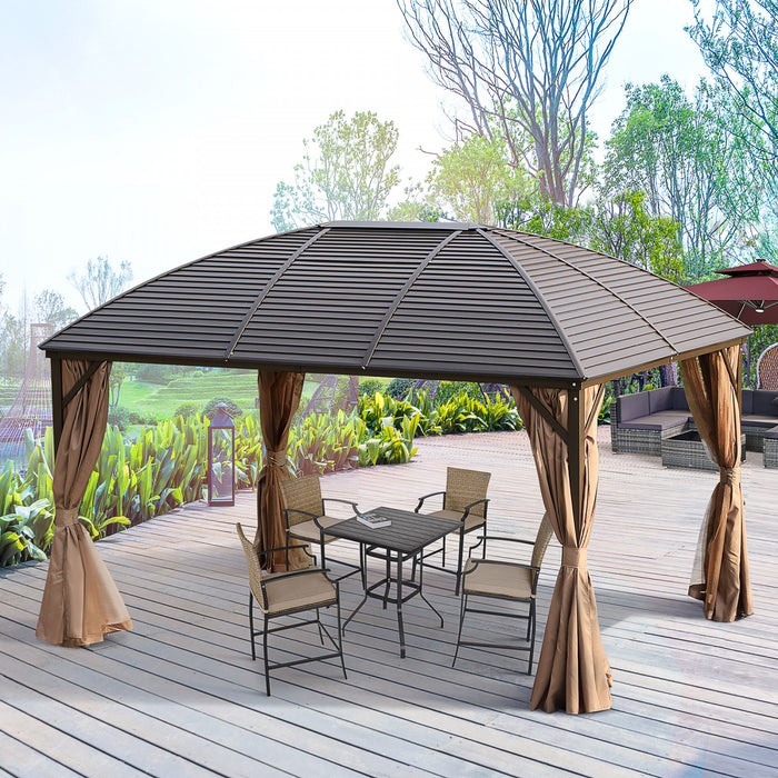 Outsunny 10' X 13' Pavillon Exterieur A Toit Rigide Avec Moustiquaires, Rideaux De Confidentialite Et Crochet De Suspension Superieur Cadre En Aluminium Pour Patio Marron