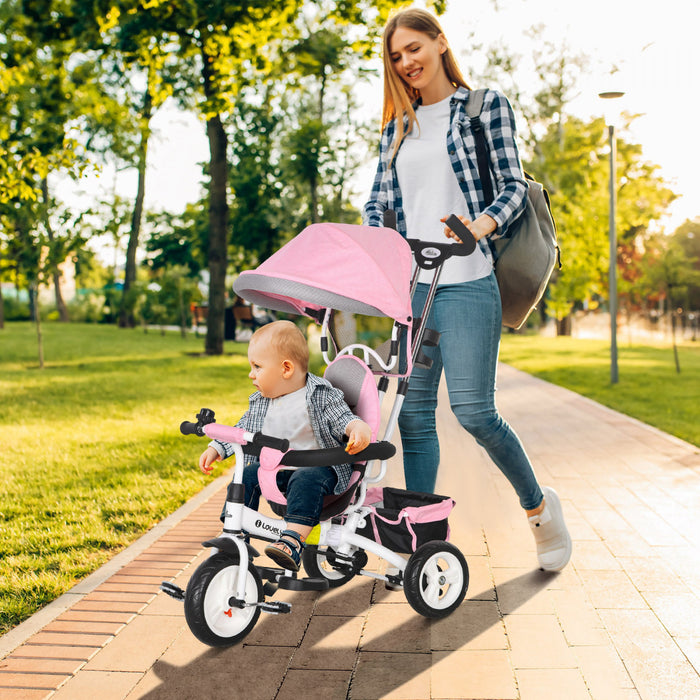 Qaba Tricycle Pour Tout-petits, Poussette De Velo 2 En 1 Pour Bebe Avec Auvent Pliable, Panier De Rangement, Harnais De Securite A 5 Points, Tricycle Pour Enfants De 1 A 5 Ans, Rose
