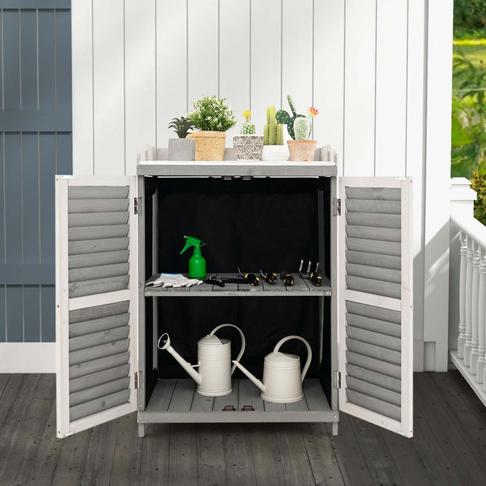 Etabli D’exterieur Avec Dessus Spacieux Galvanise Et Etagere A 2 Niveaux, Abri De Jardin Avec Porte Laterale Enroulable Et Pieds Sureleves, Pour Stocker Pelles, Arrosoirs Et Ciseaux, Gris