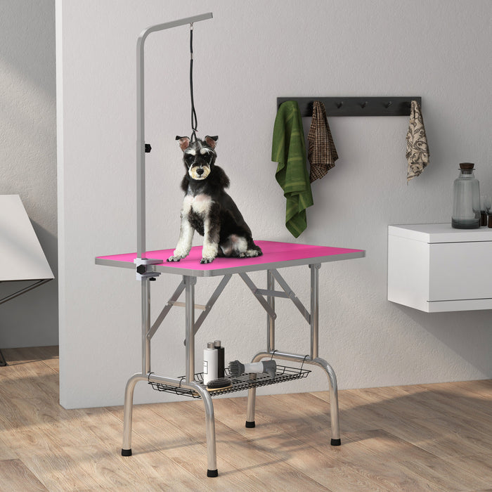 Pawhut Table De Toilettage Pliable En Acier Inoxydable Pour Chien Avec Bras Reglable Et Panier, Rose
