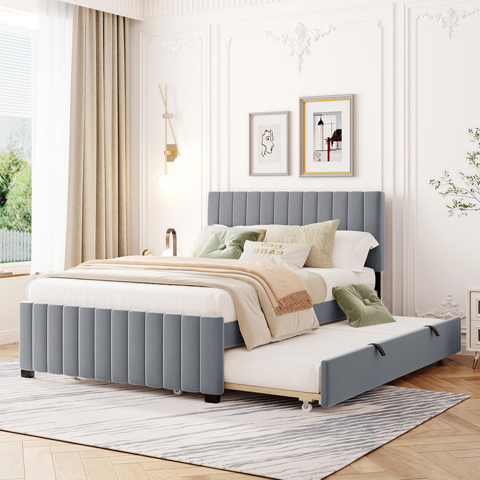 Lit plateforme Ethan rembourre en velours, gain de place, avec tiroir gigogne, taille full, gris