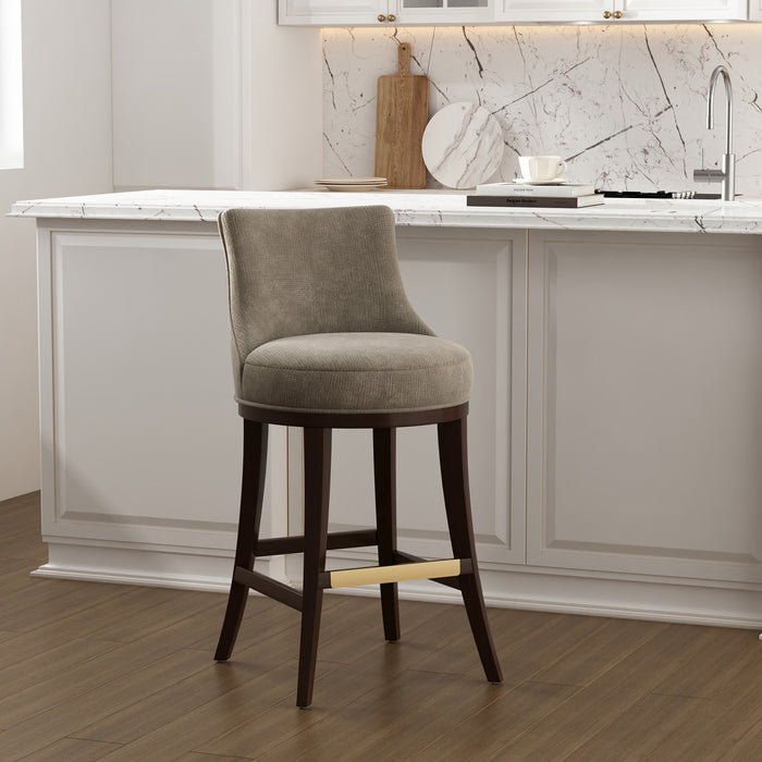 Tabouret de bar moderne en bois Lucia, rembourre en chenille taupe