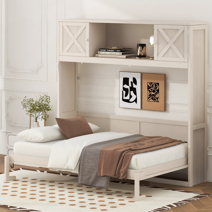 Lit escamotable Ethan en bois massif avec armoires de rangement, taille queen, beige