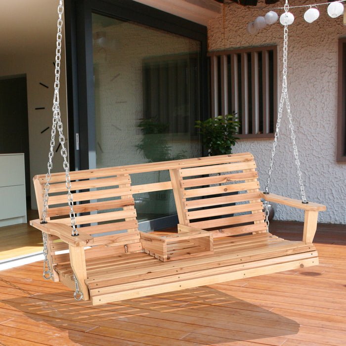 Outsunny Balancoire De Porche En Bois 3 Places Avec Table Basse Pliante