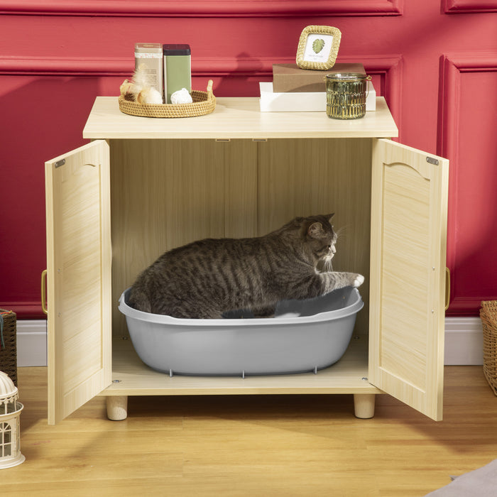Pawhut Bac A Litiere Pour Chat Avec Coussin Souple, Banc De Rangement, Table D'extremite Avec Bordure En Rotin, Structure En Bois, Portes Magnetiques, Montage Facile, Chene