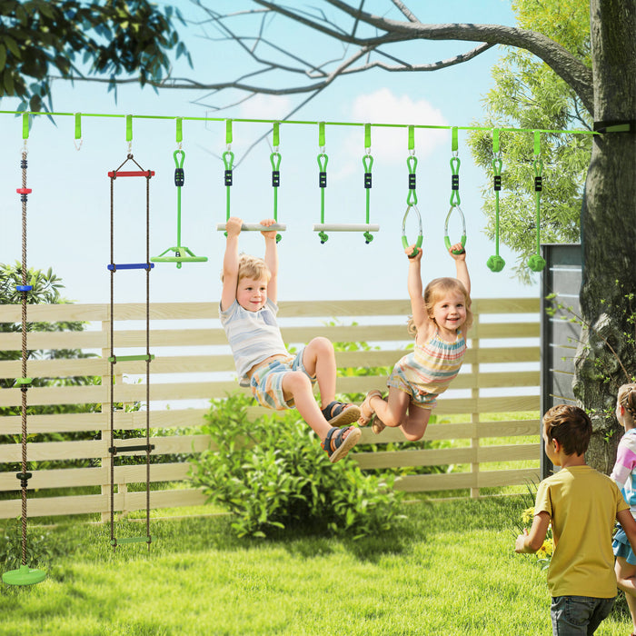 Qaba Parcours d'obstacles pour enfants, Slackline de 10 m avec 10 pieces, 2 barres de singe, 2 anneaux de gymnastique, echelle de corde, balancoire en nid, protecteur d'arbre, sacs, plateau suspendu, nœuds de corde