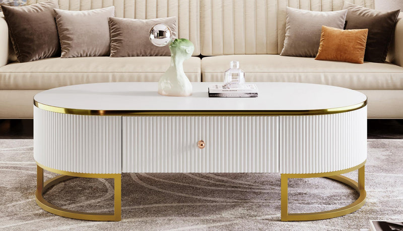 Table Basse Ovale Edison De 47,2\" En Bois Composite Avec Tiroirs De Rangement, Blanche