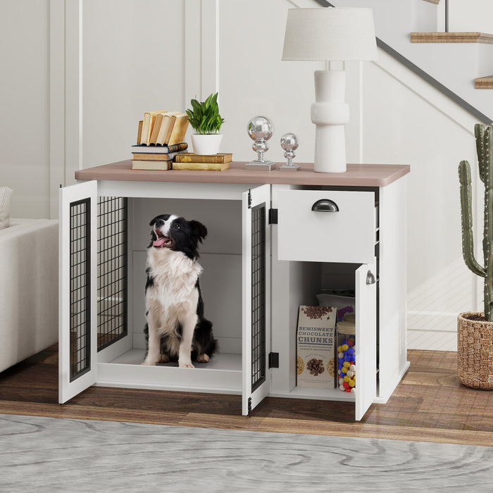 Pawhut Meubles De Cage Pour Chien De 44\" Avec Doubles Portes, Rangement, Tiroir, Cage Pour Chiens De Taille Moyenne, Blanc