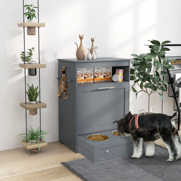 Pawhut Station D'alimentation Pour Animaux De Compagnie, Armoire De Stockage De Nourriture Pour Chiens Avec Gamelles Surelevees Et Cintre Pour Les Aliments Et L'abreuvement, Gris