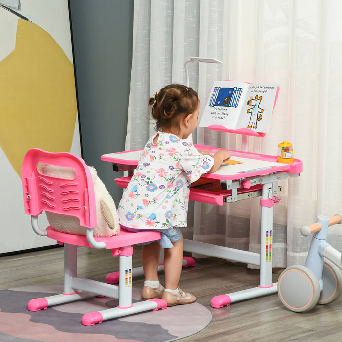 Qaba Bureau Enfant Avec Chaise Ensemble Bureau Et Chaise Reglable Avec Lampe, Support De Lecture, Porte-gobelet, Tiroir Coulissant Multi-rangements Rose Blanc