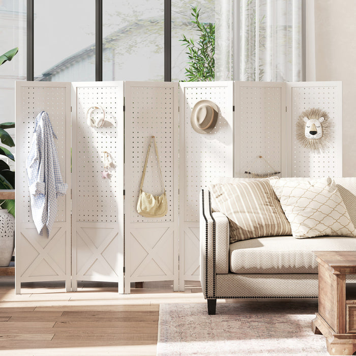 HOMCOM Paravent a 6 Panneaux avec Panneau Perfore pour Interieur, Blanc