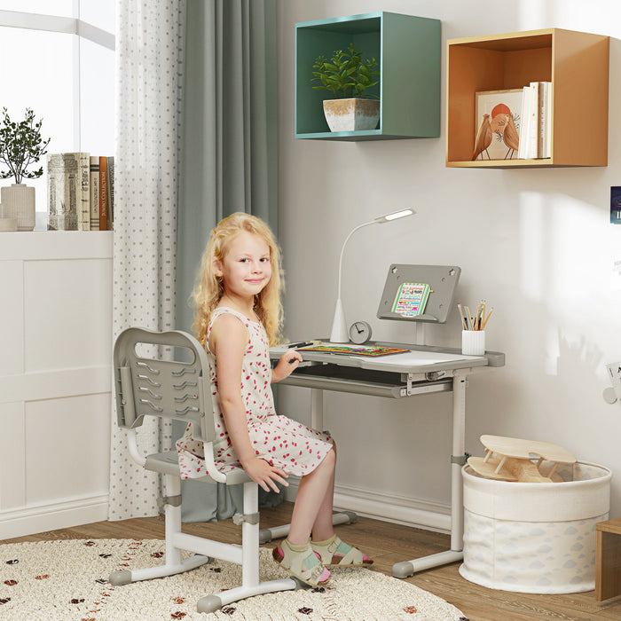 Qaba Ensemble Bureau Et Chaise Pour Enfant Bureau D'ecriture Reglable, Gris