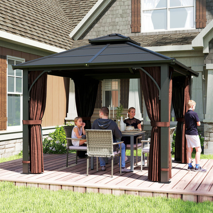 Outsunny Tonnelle 3x3m a Toit Rigide en Polycarbonate avec Rideaux et Moustiquaire