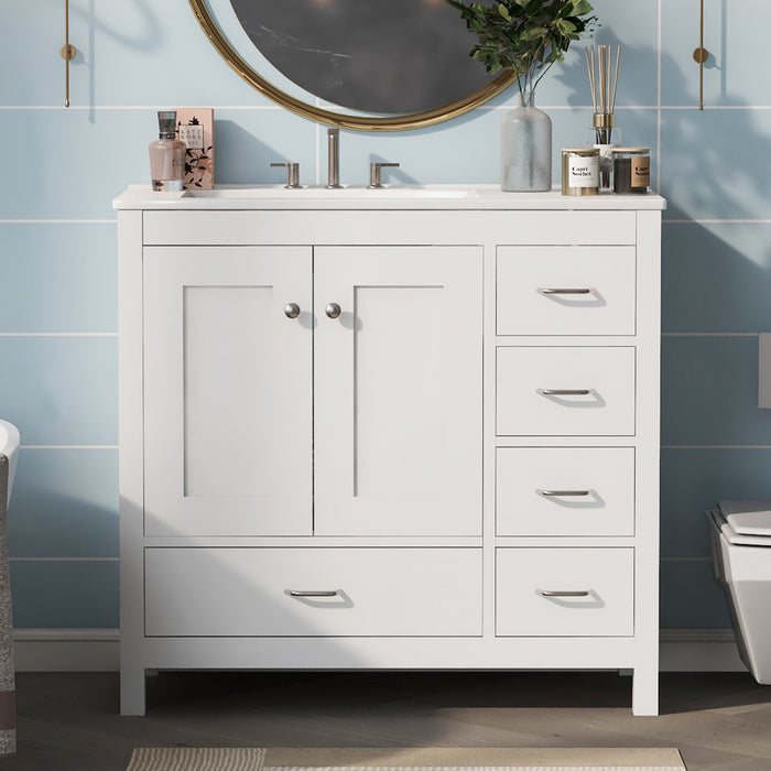 Meuble de salle de bain moderne Derek 36 pouces avec lavabo ceramique et rangement multiple, blanc