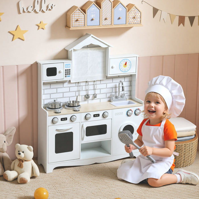 Cuisine enfant Qaba, cuisine enfant avec sons et lumieres realistes, evier, cuisiniere, horloge, batterie de cuisine, accessoires, ensemble de nourriture pour enfants de 3 a 6 ans, blanc