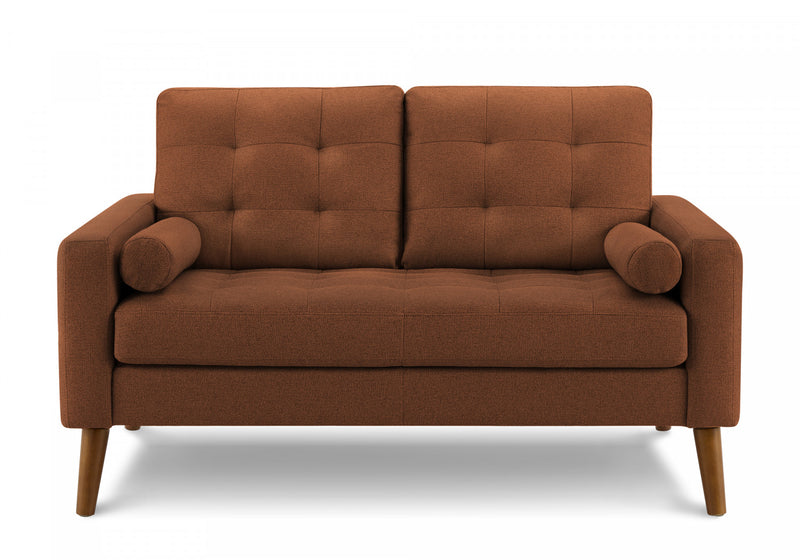 Causeuse Rembourre, 58\" L, Salon, Tissu Rouille, Pieds En Bois De Noyer, Mid Century