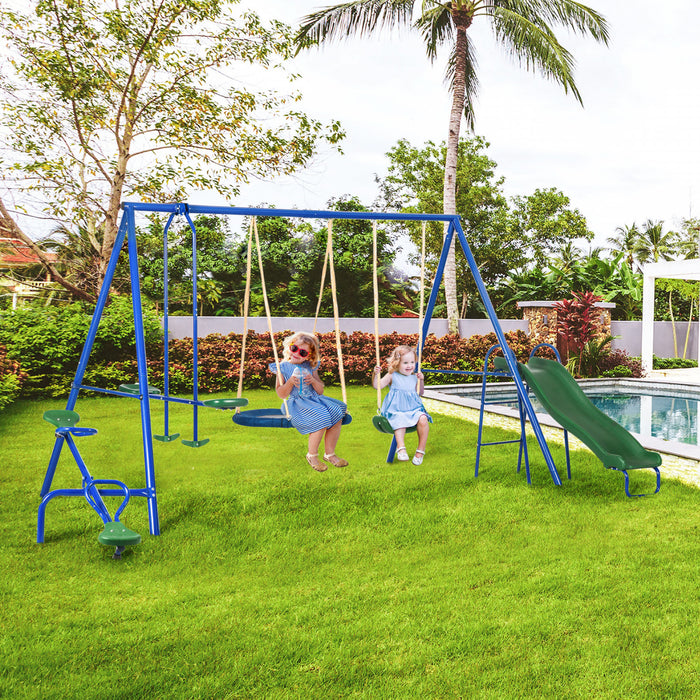 Outsunny Balancoire 5 en 1 pour enfants, balancoire en metal robuste avec cadre en A, ensemble de jeu exterieur avec balancoire soucoupe, toboggan, balancoire, planeur