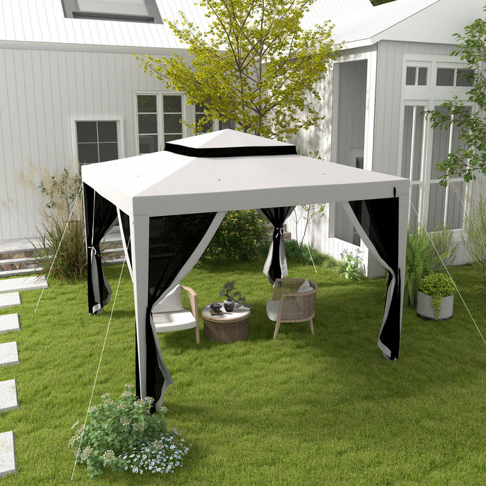 Outsunny Tente D'auvent 10' X 10', Tente Partielle Avec Filet En Maille Et Toit A Deux Niveaux Pour Jardin, Terrasse, Exterieur, Gris