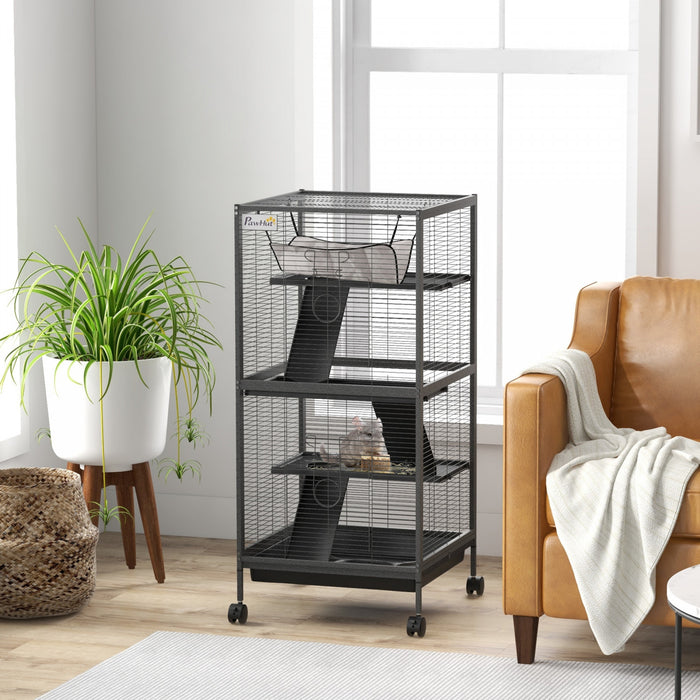 Pawhut Cage Roulante A 4 Niveaux Pour Petits Animaux, Cage Pour Cochon D'inde, Furet, Chinchilla, Chaton, Lapin, Maison De Jeu Avec Plateforme De Hamac, Rampe, Plateau Amovible, Gris Anthracite
