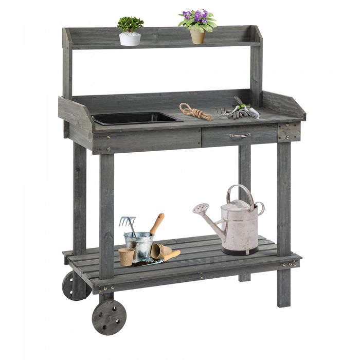 Outsunny Table De Travail En Bois Rempotage 36\" Avec 2 Roues Amovibles Gris