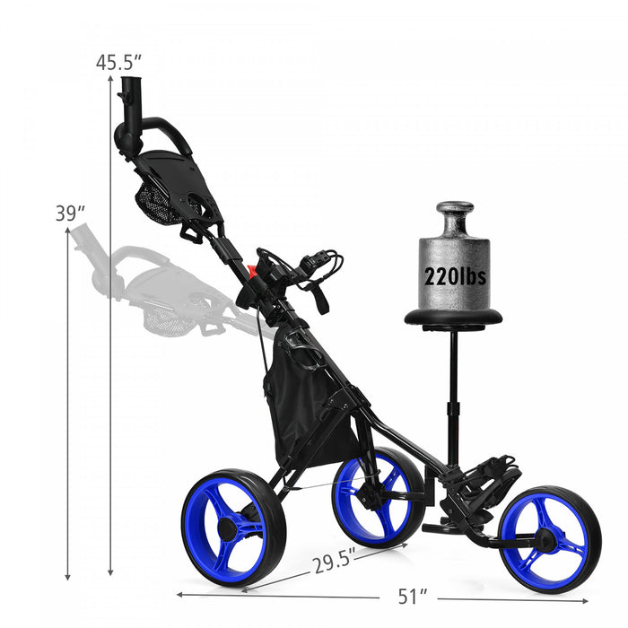 Goplus Pliant 3 Roues Golf Push Cart W/seat Tableau De Bord Poignee Reglable Bleu