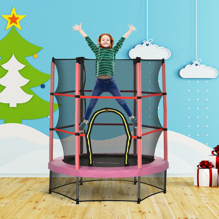 Outsunny Trampoline pour enfants Φ55\" avec filet, cadre en acier, rebondeur rond d'interieur, age 3 a 6 ans, rose