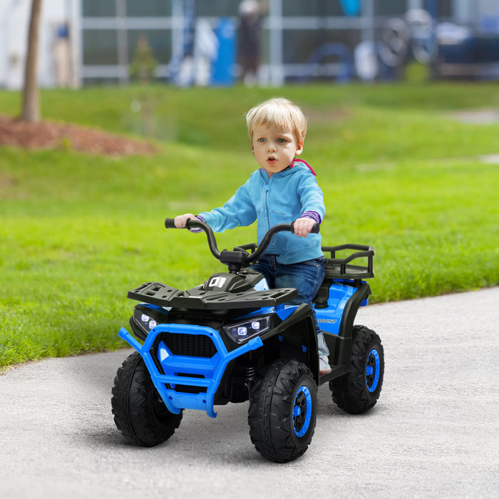 Qaba Quad, Vehicule Electrique Alimente Par Batterie 12 V Avec 4 Roues A Suspension A Ressort, Panier De Rangement, Phares Led, Musique, Pour Garcons Et Filles, Bleu