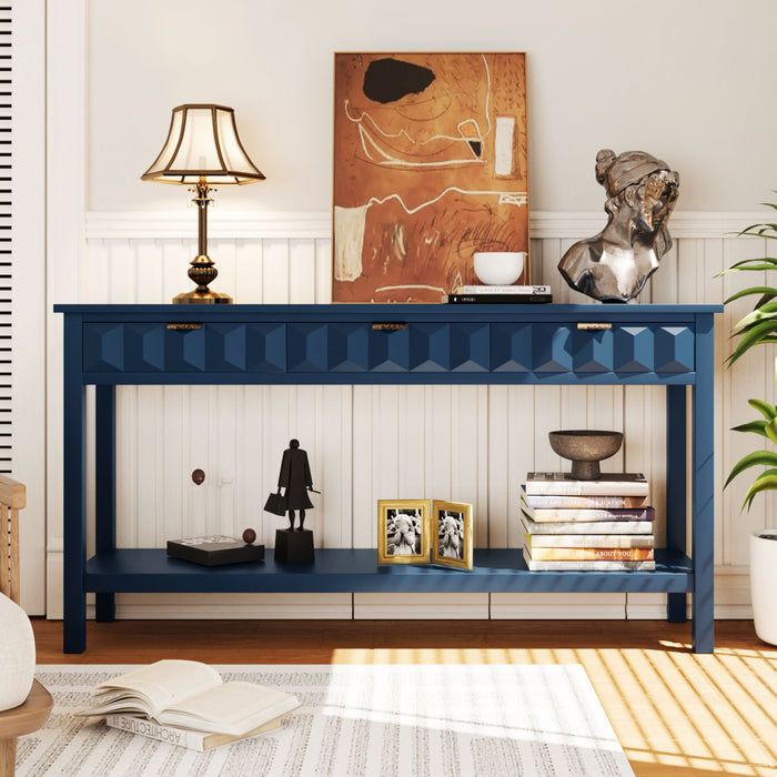 Table d'entree Oliver 60'' en placage de sapin avec design en nid d'abeille et tiroirs, bleu marine