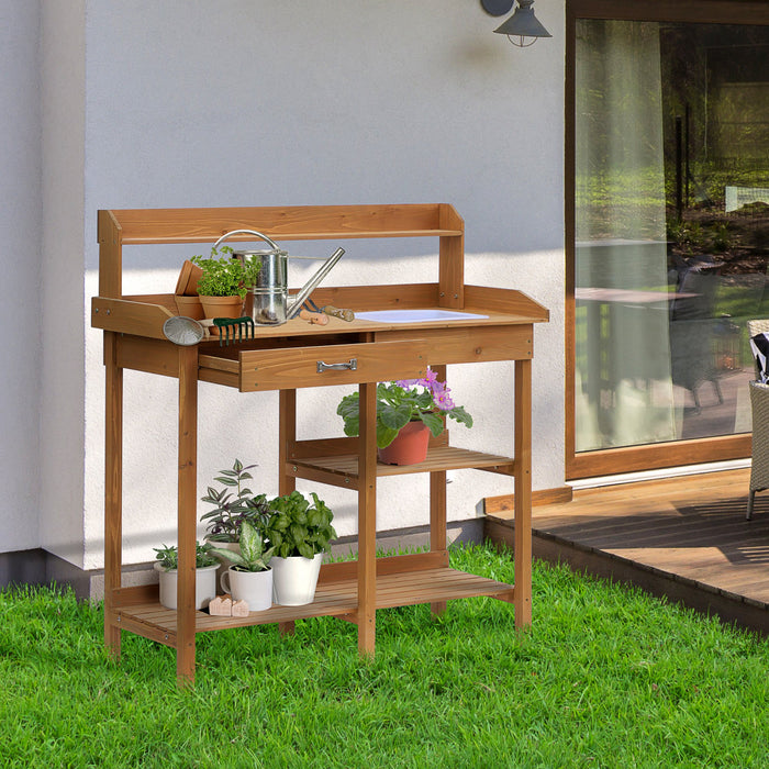 Outsunny Banc de jardinage avec table, Poste de travail de jardin avec tiroir, evier amovible, etageres de rangement et crochets pour patio, cours et balcon, Naturel