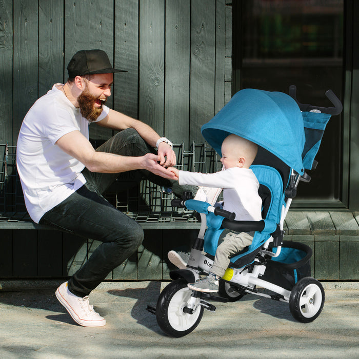 Qaba Tricycle 4 En 1 Pour Tout-petits, Tricycle Pour Enfants Avec Auvent Pliable, Poignee Et Housse Amovibles, Panier De Rangement, Ceinture De Securite A 5 Points, Pour Enfant De 1 A 5 Ans, Bleu
