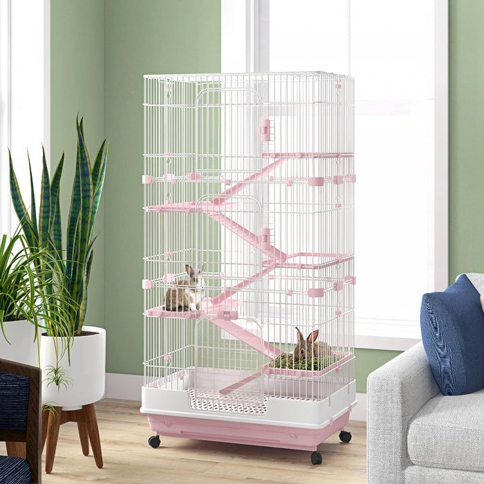 Pawhut Cage Pour Petits Animaux 60\" Avec Roulettes, Cage A Lapin Portable A 6 Niveaux, Cage A Furet Chinchilla Avec Plateau Amovible, Plates-formes Et Rampes, Rose