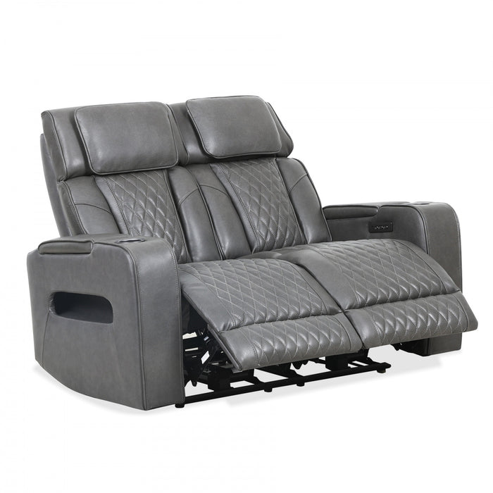 Causeuse inclinable electrique Kingsley de 58 po en cuir assorti avec rangement dans les accoudoirs et USB - Charbon