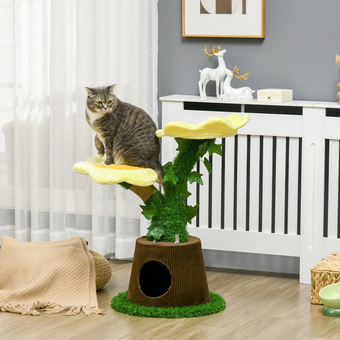 Pawhut Arbre A Chat En Peluche 18\" Avec Deux Plateformes De Fleurs, Tour Pour Chat Multi-activites Avec Griffoirs En Jute, Perchoirs Sureleves, Condo Rond Spacieux Avec Porte, Vert
