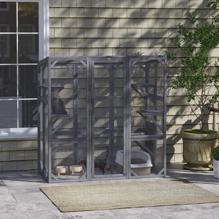 Catio Pawhut, Enclos D'exterieur Pour Chat Avec 6 Plates-formes De Saut, Toit Resistant Aux Intemperies, Grande Porte D'entree, Niche En Bois Pour 1 A 3 Chatons, 150 Cm X 71 Cm X 152 Cm, Gris