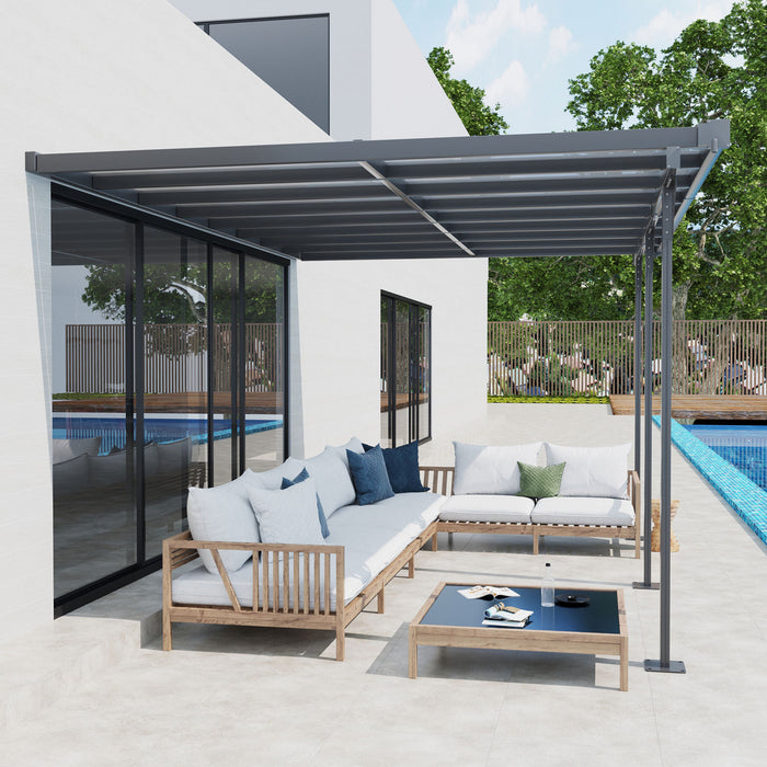 Outsunny Pergola Adossable Rigide Alu. Dim. 171.25\"l X 118\"l Pavillon De Jardin Toit Panneaux De Polycarbonate Inclinaison Reglable Gris