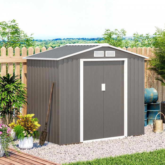 Outsunny Abri De Jardin 7' X 4' X 6' Abri De Jardin Exterieur Patio Maison De Stockage D'outils En Metal Avec Fondation Au Sol Et Portes Doubles Gris