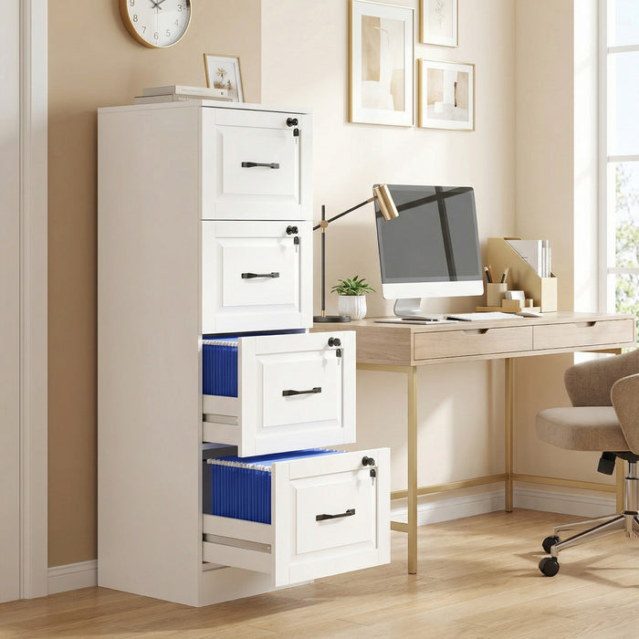 HOMCOM Armoire a Dossiers 4 Tiroirs avec Serrure, Meuble de Classement Vertical, Blanc