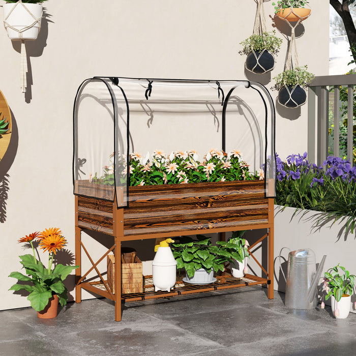 Outsunny Jardiniere Surelevee Metal avec Serre, Effet Bois Brun Fonce