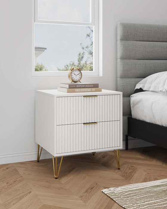 Table de nuit moderne Dumbo 20\" a cannelures en blanc (2 tiroirs)