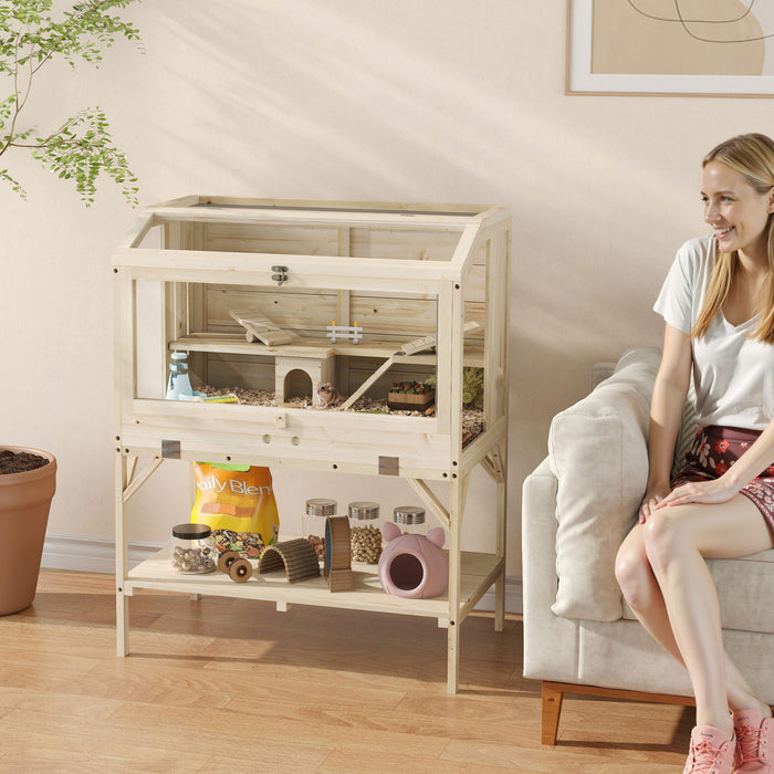 PawHut Cage a hamster en bois avec dessus ouvrant et panneaux transparents, naturel