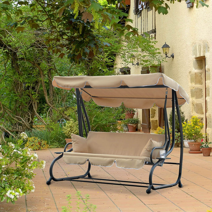 Outsunny Heavy-dunny Metal 3 Places Balancoire Exterieure Jardin Hamac Lit Avec Auvent Et 2 Oreillers Beige