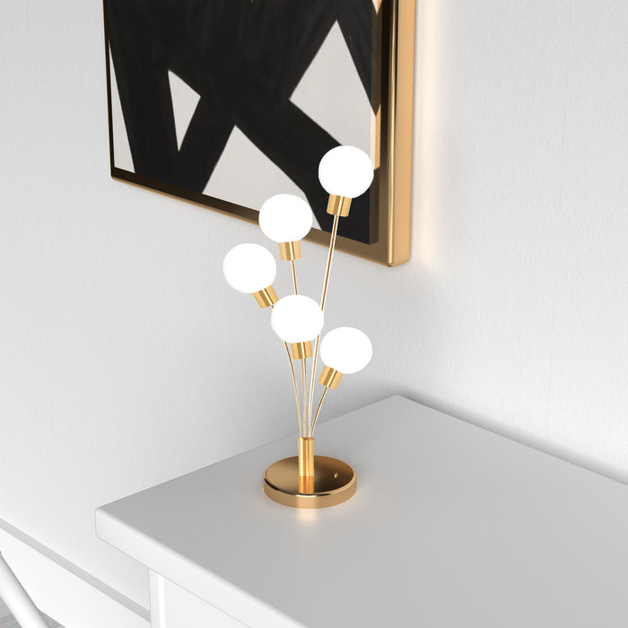 Lampe de table Budding Branch de Dainolite en verre blanc, avec fini laiton vieilli et 5 ampoules
