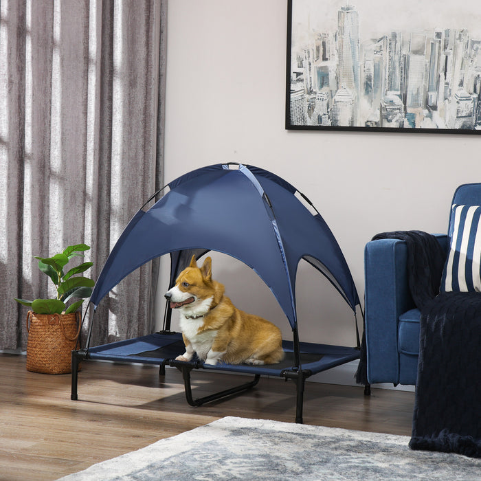 Pawhut Lit De Refroidissement Sureleve Portable Pour Chien Avec Auvent Pour Chiens De Grande Taille, Interieur Et Exterieur, 36\"x30\"x35\", Bleu