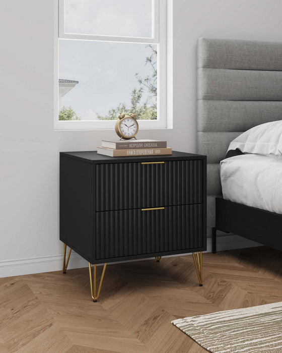 Table de nuit moderne Dumbo 20\" a cannelures en noir (2 tiroirs)